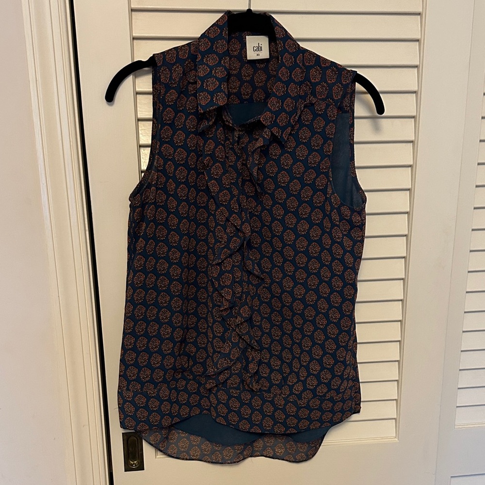 CAbi Blue and Orange Patterned Blouse